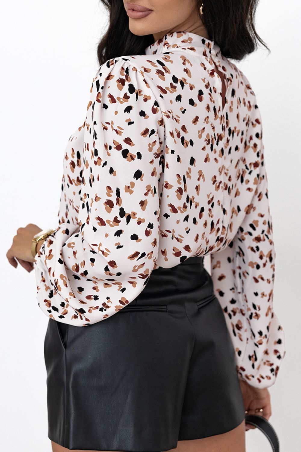 Printed Mock Neck Blouse with Balloon Sleeves