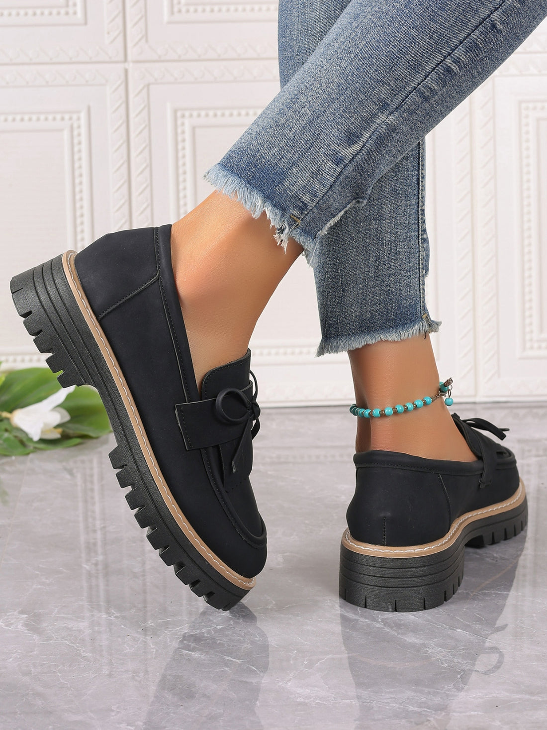 Leather Bow Platform Loafers
