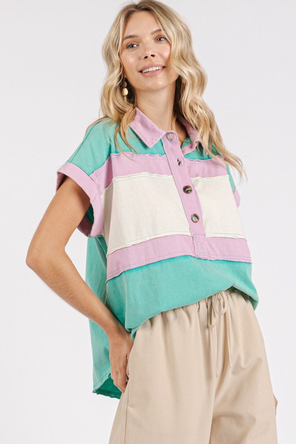 Color Block Henley Short Sleeve Polo Shirt