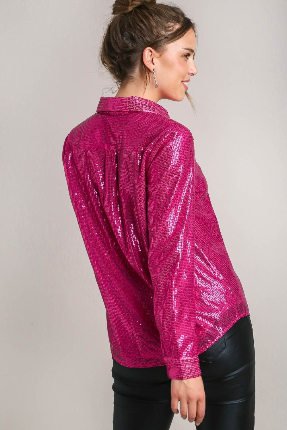 Sequin Long Sleeve Shirt with Side Chest Pocket