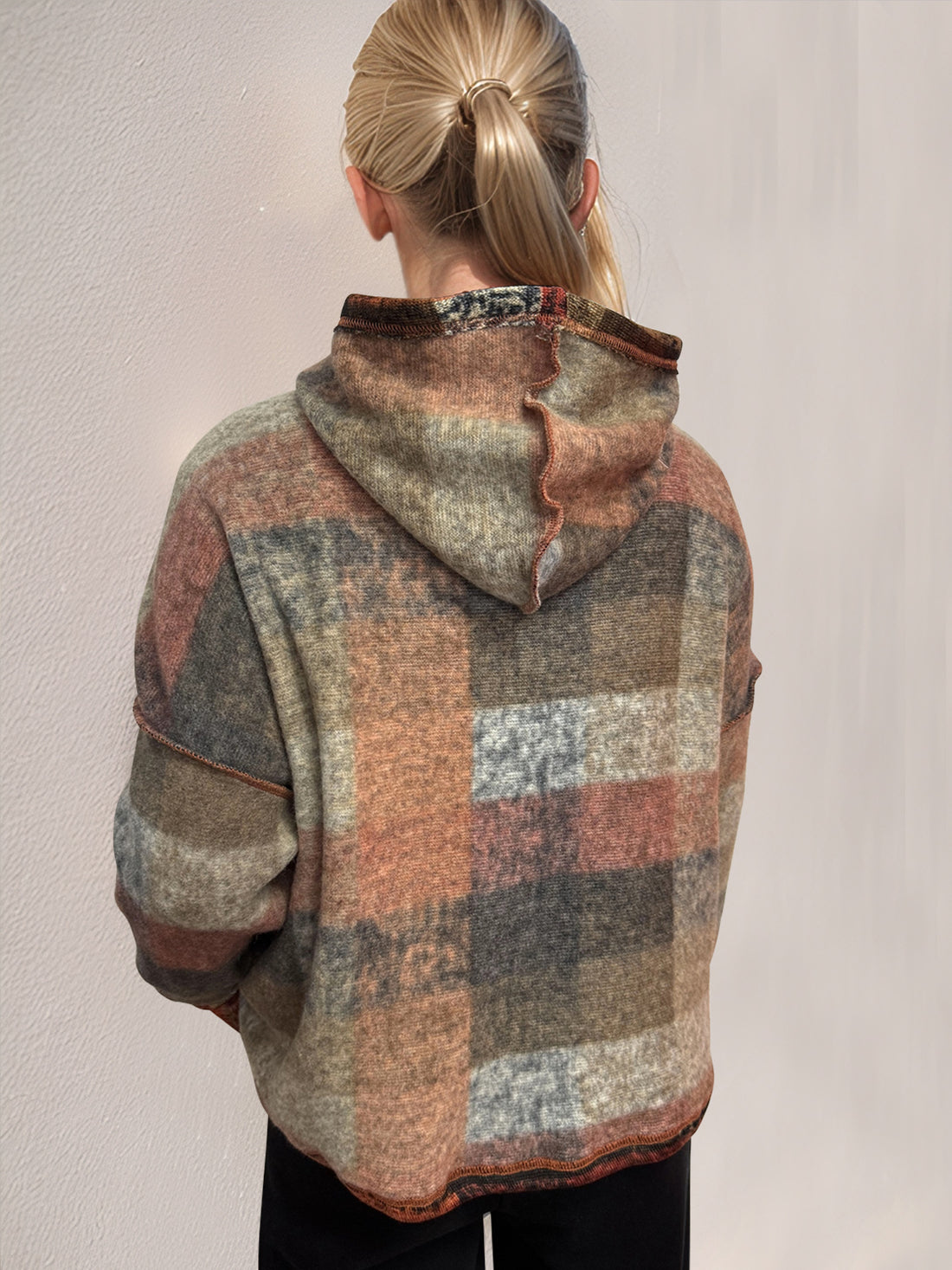Plaid Dropped Shoulder Fleece Hoodie