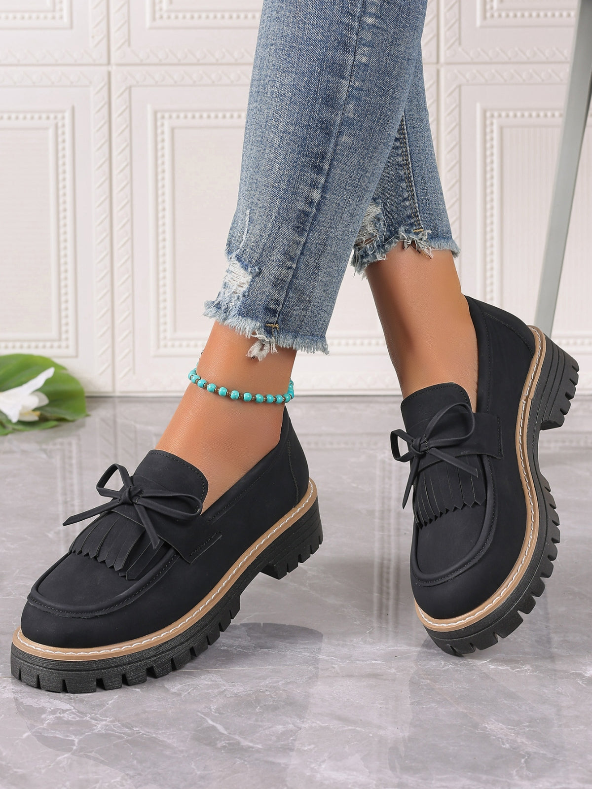 Leather Bow Platform Loafers