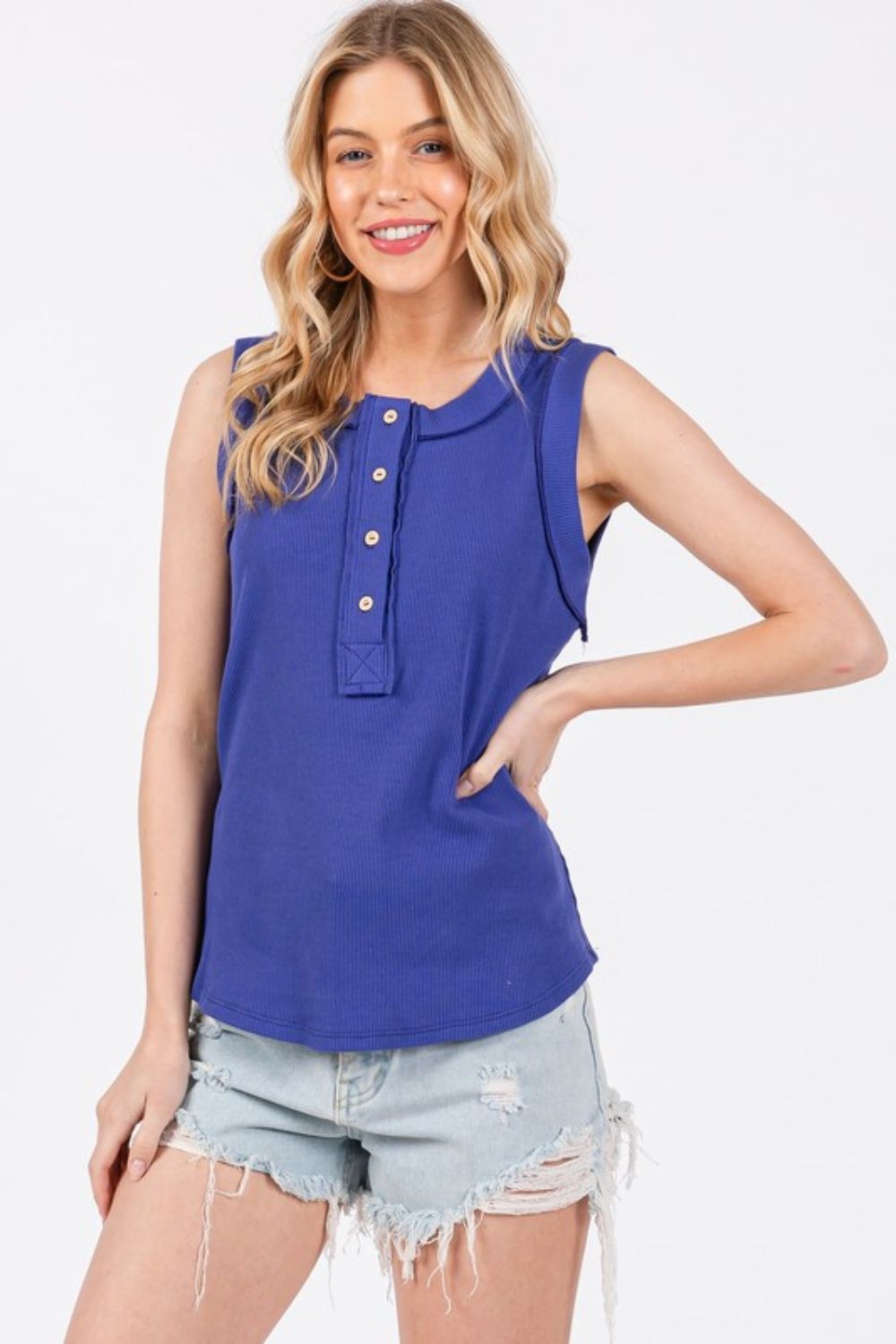 Stitch Detail Half Button Ribbed Tank