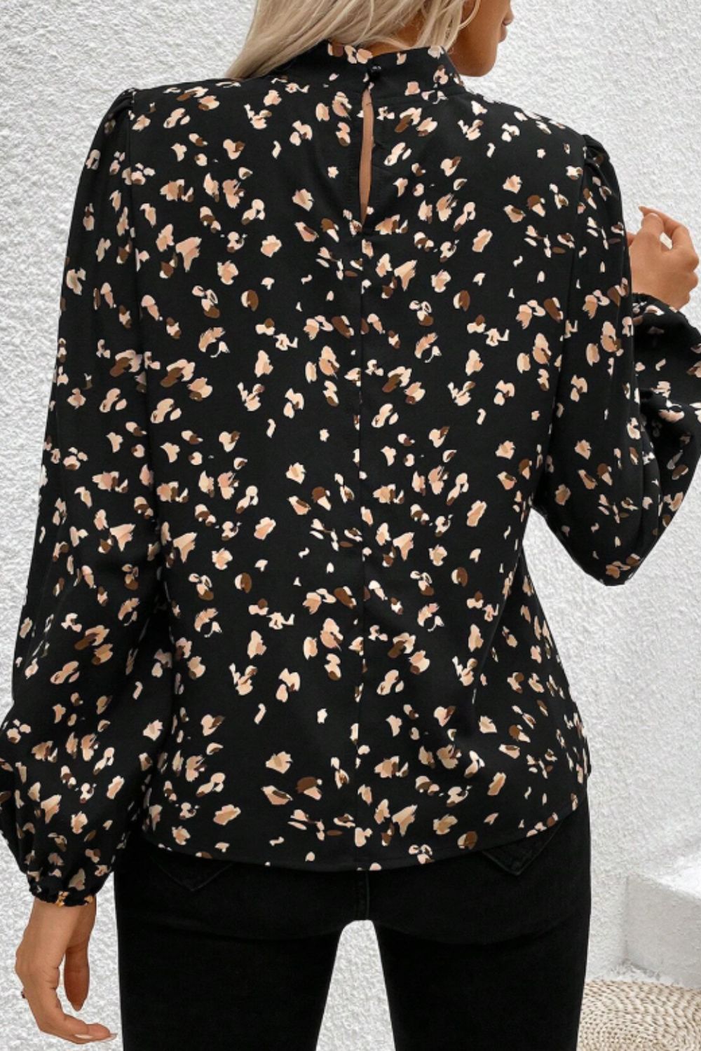 Printed Mock Neck Blouse with Balloon Sleeves