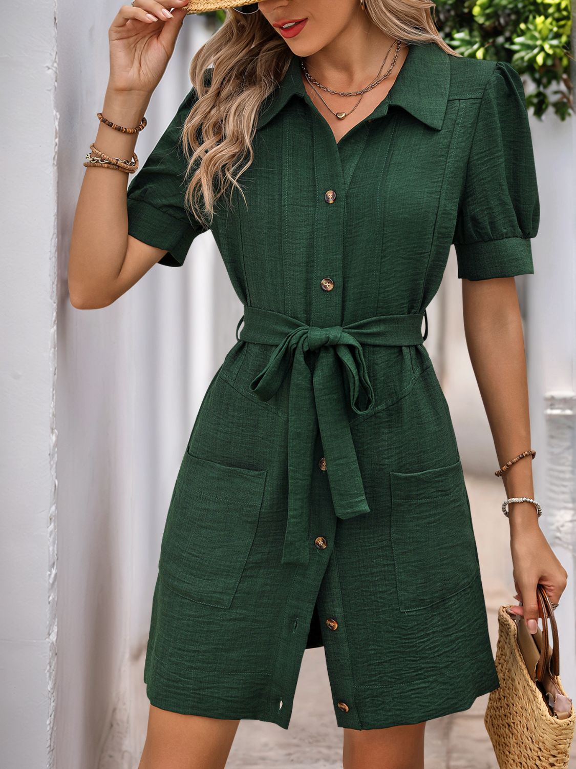 Tie Waist Button Down Short Sleeve Mini Dress