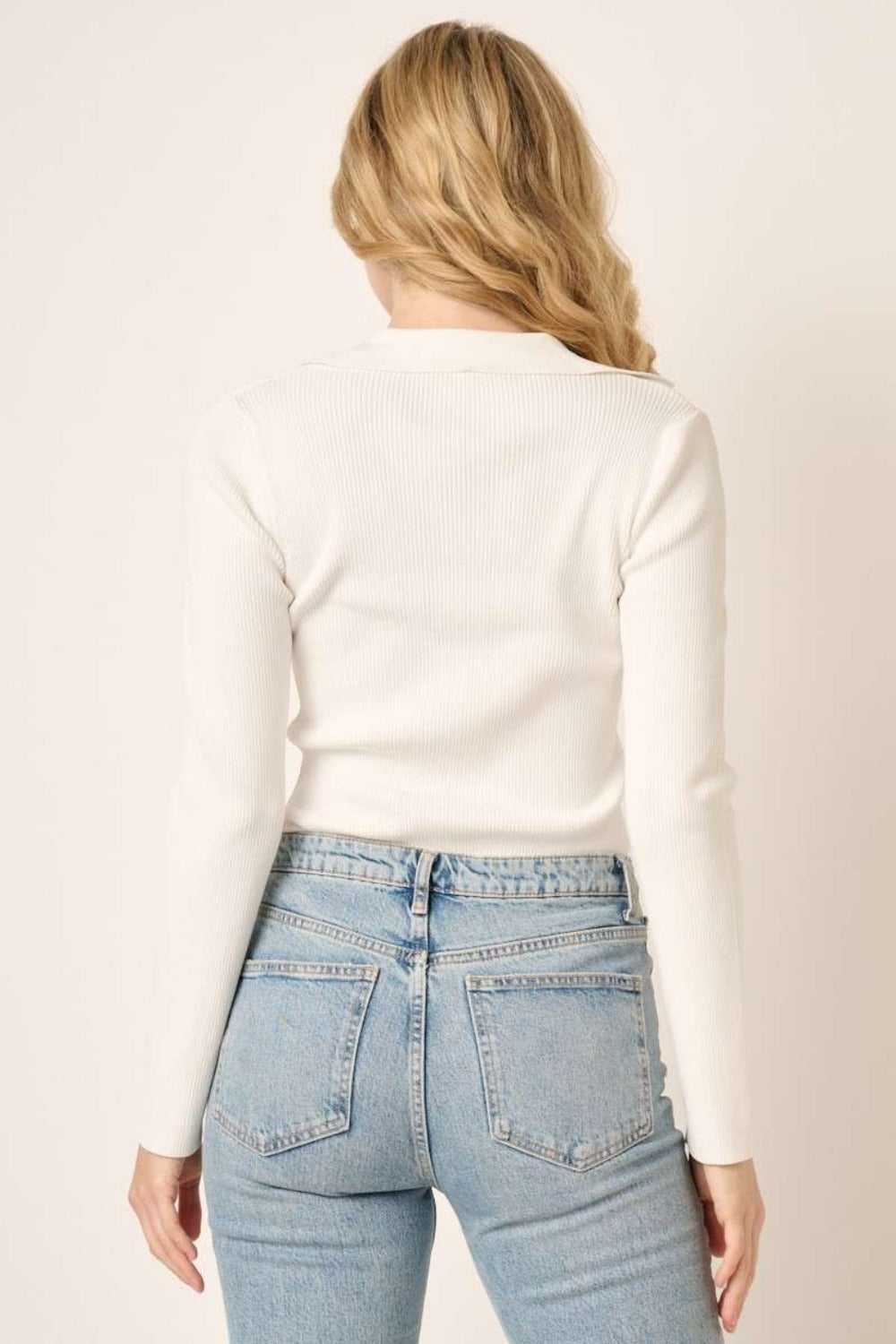 Long Sleeve Ribbed Knit Polo Top