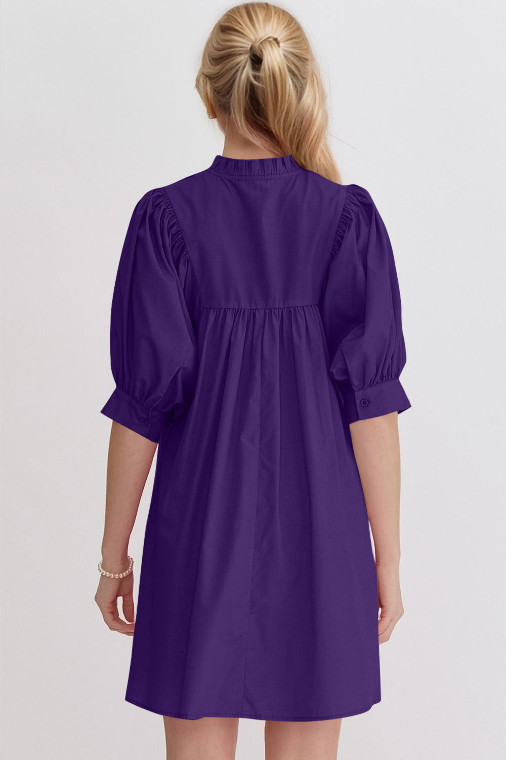 Frill Notched Puff Sleeve Babydoll Mini Dress