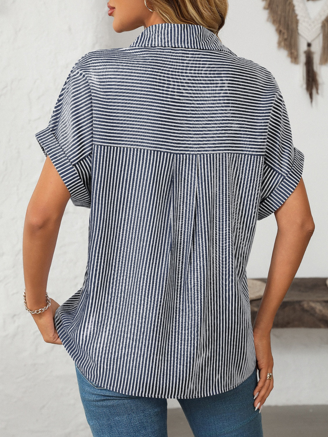 Pocketed Striped Collared Neck Short Sleeve Shirt