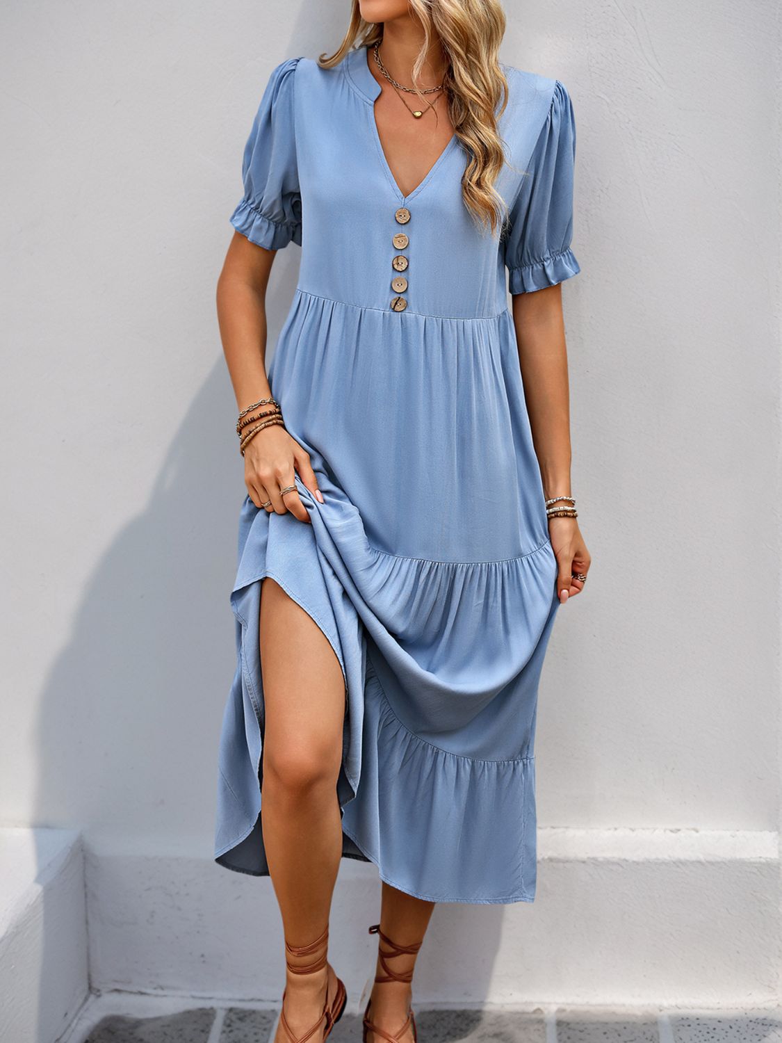 Decorative Button Notched Short Sleeve Midi Dress
