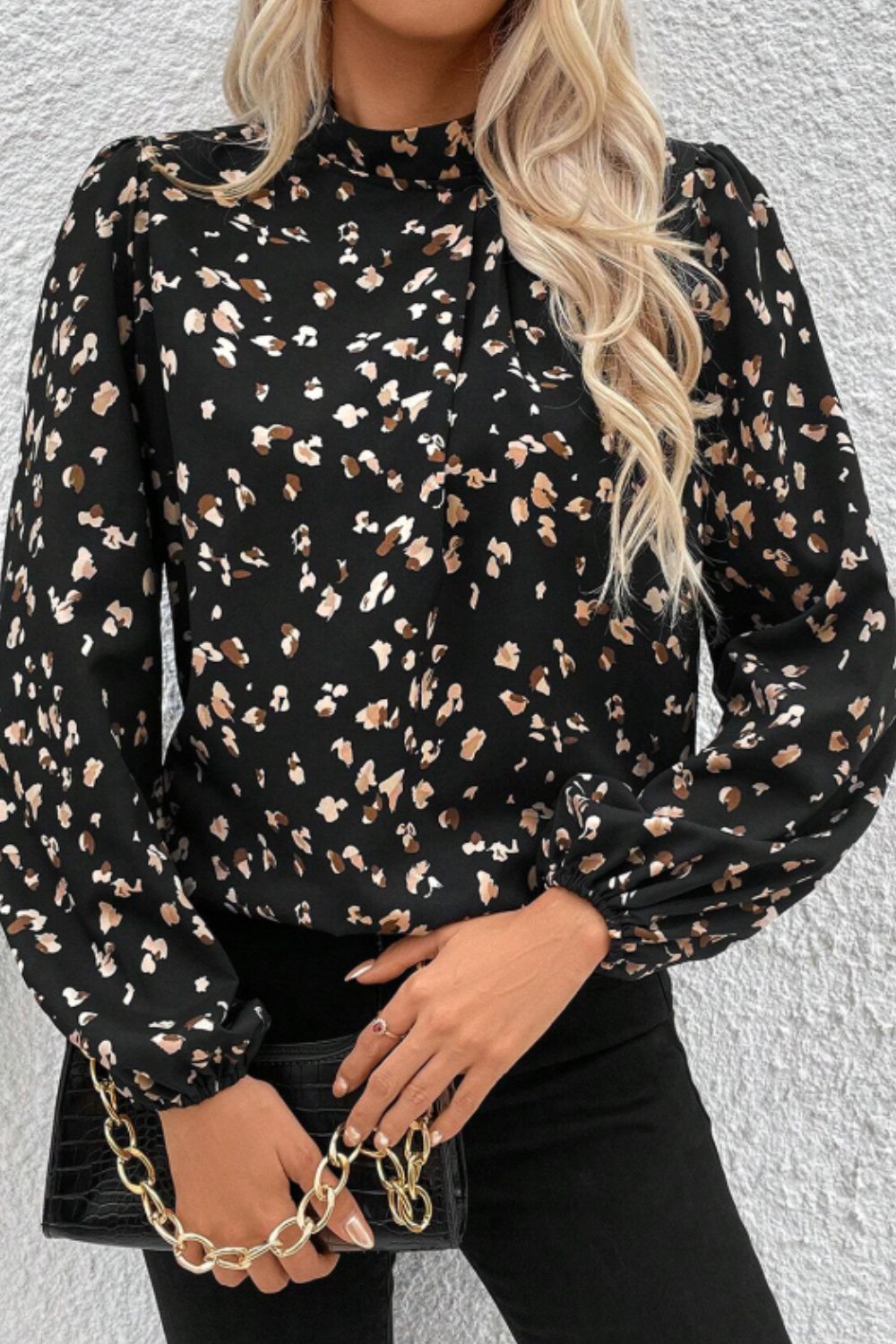 Printed Mock Neck Blouse with Balloon Sleeves