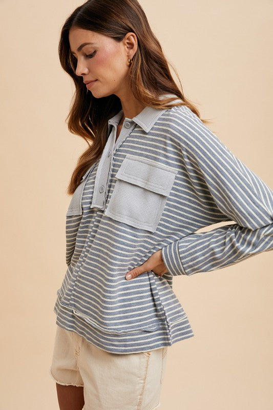 Striped Button Detail Long Sleeve Polo Top