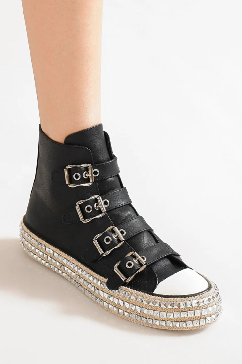 Multi-Buckle Straps Studded Platform Sneakers