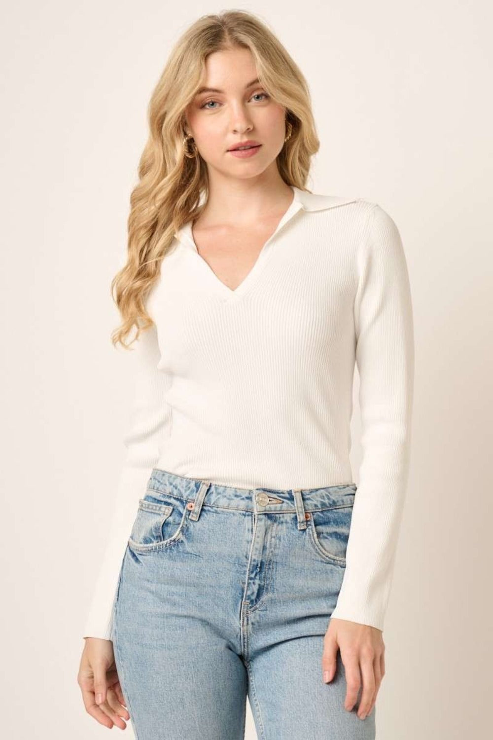 Long Sleeve Ribbed Knit Polo Top