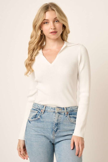 Long Sleeve Ribbed Knit Polo Top