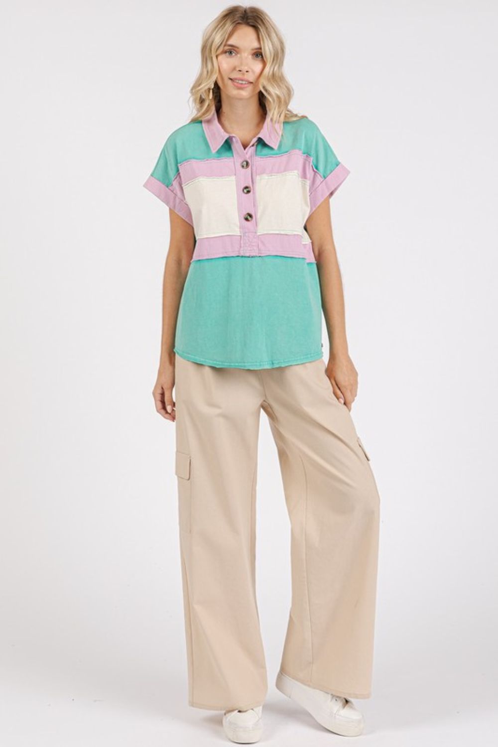 Color Block Henley Short Sleeve Polo Shirt