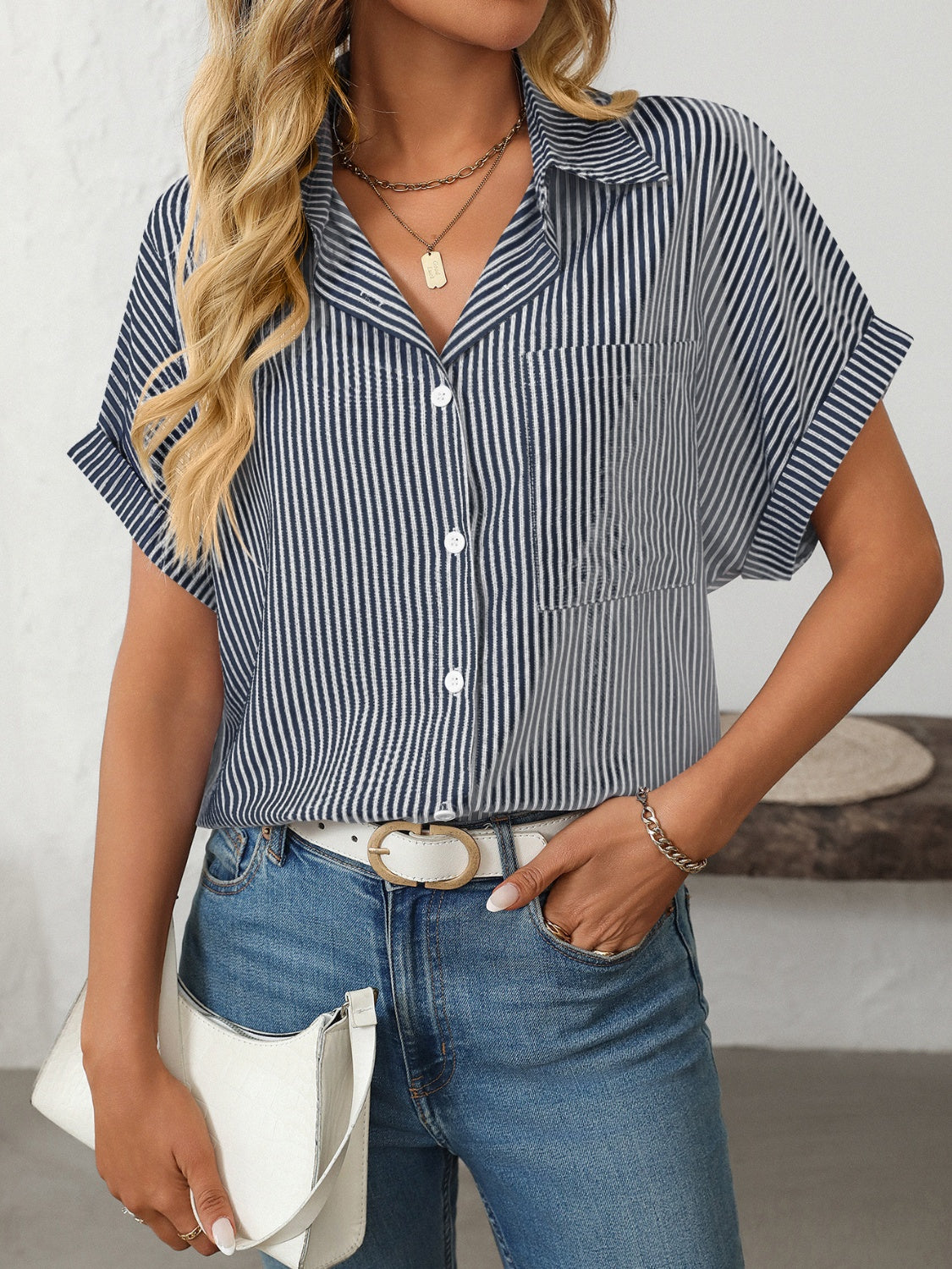 Pocketed Striped Collared Neck Short Sleeve Shirt