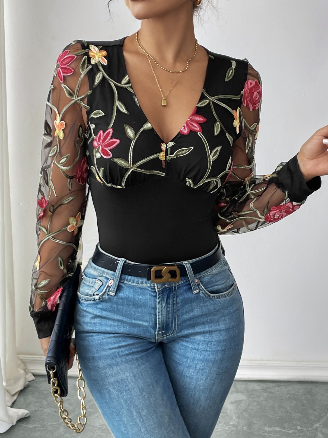 Embroidered V-Neck Long Sleeve Bodysuit