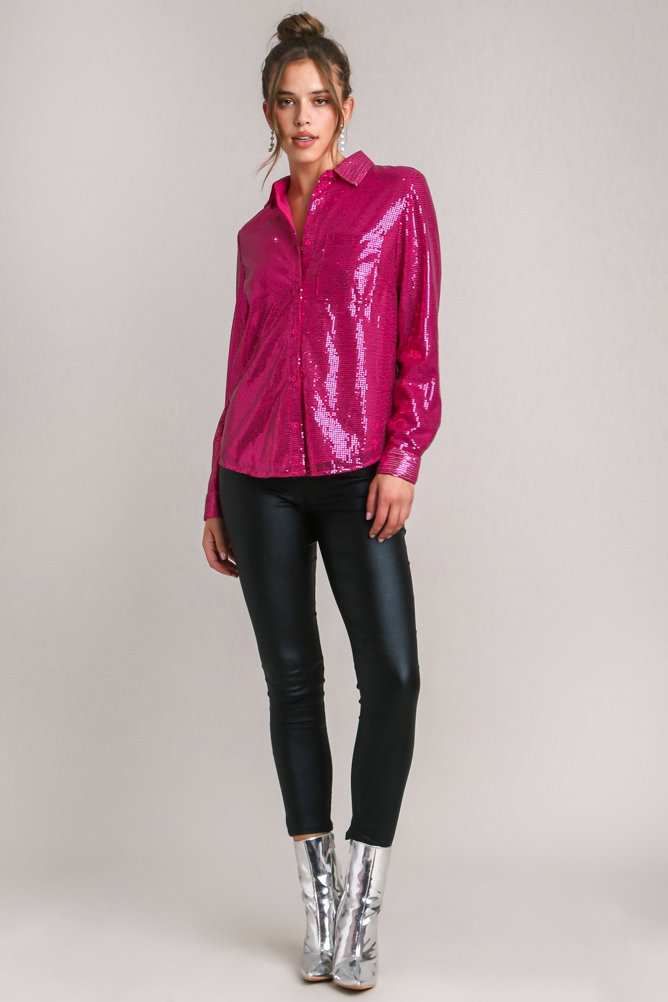 Sequin Long Sleeve Shirt with Side Chest Pocket