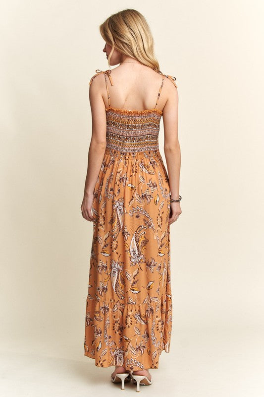 Smocked Printed Square Neck Tie Shoulder Cami Dress