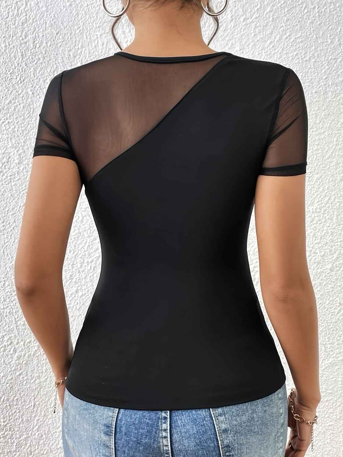 Mesh Patchwork Top with Lace Detail and Short Sleeves