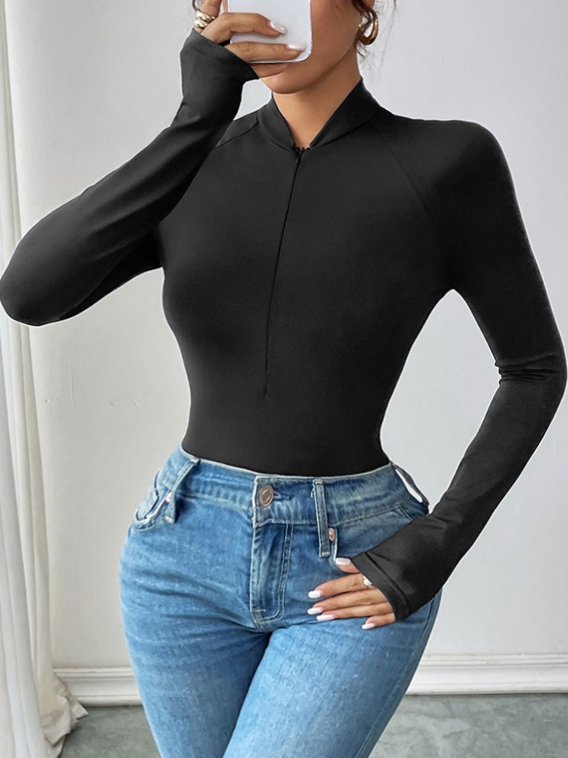 Half Zip Long Sleeve Bodysuit - Second Skin Fit
