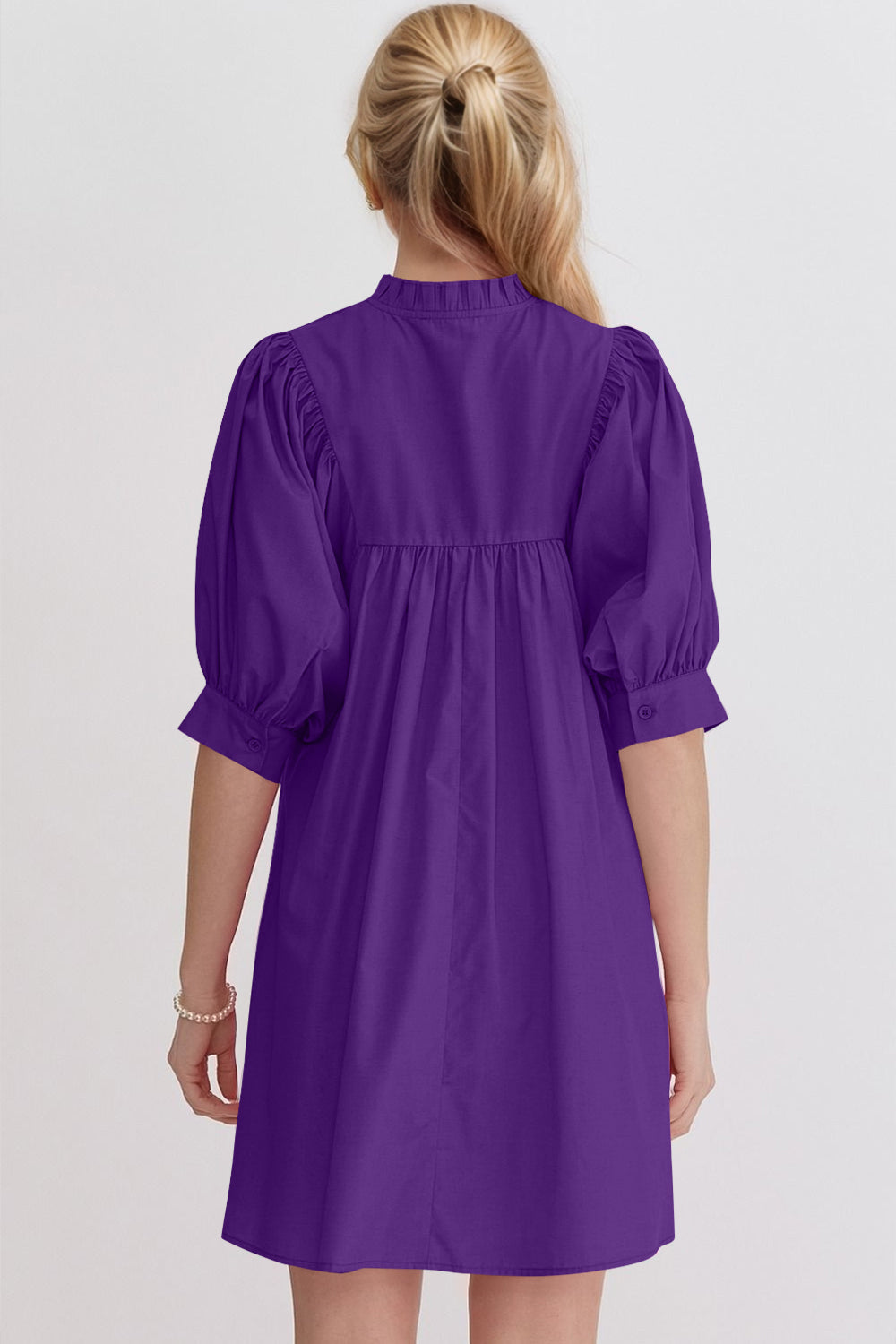 Frill Notched Puff Sleeve Babydoll Mini Dress