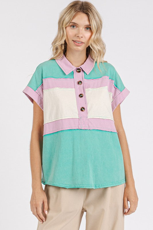 Color Block Henley Short Sleeve Polo Shirt