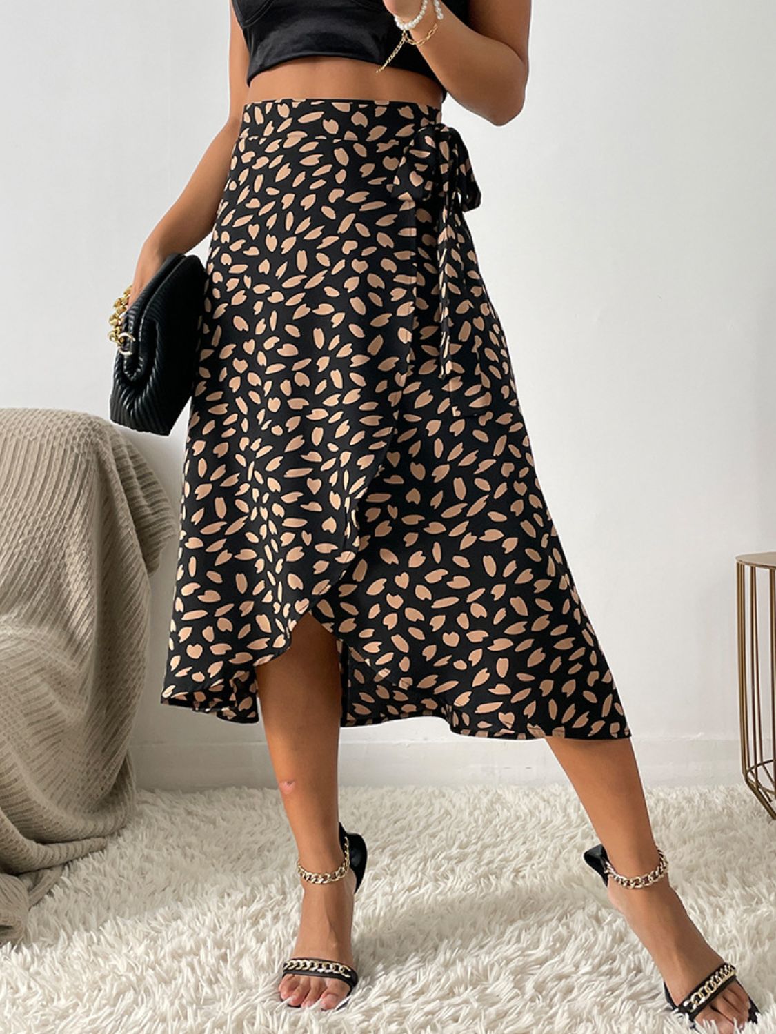 Printed Wrap Skirt with Side Slit and Tie Waist