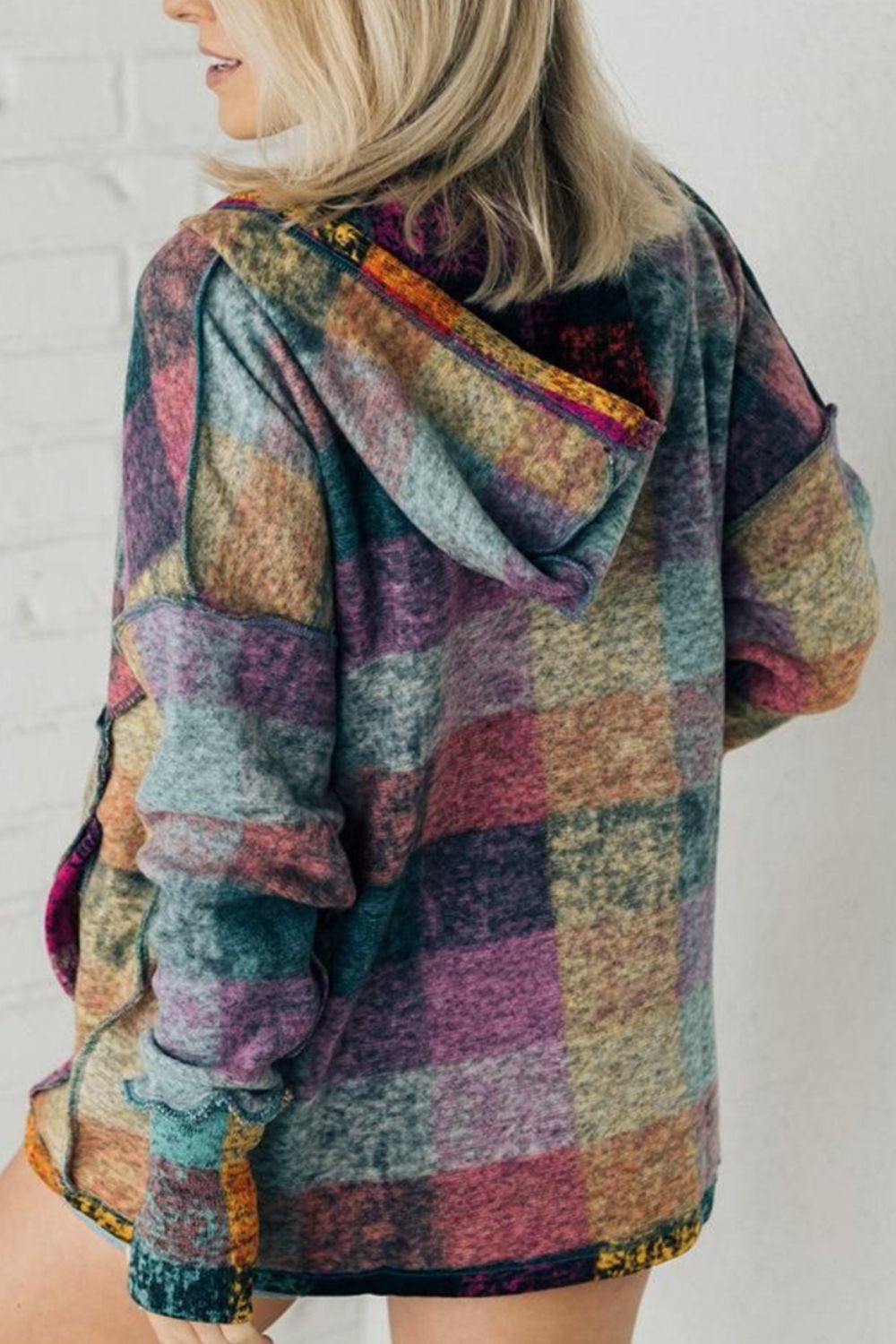 Brushed Plaid Buttoned Pullover Oversized Hoodie
