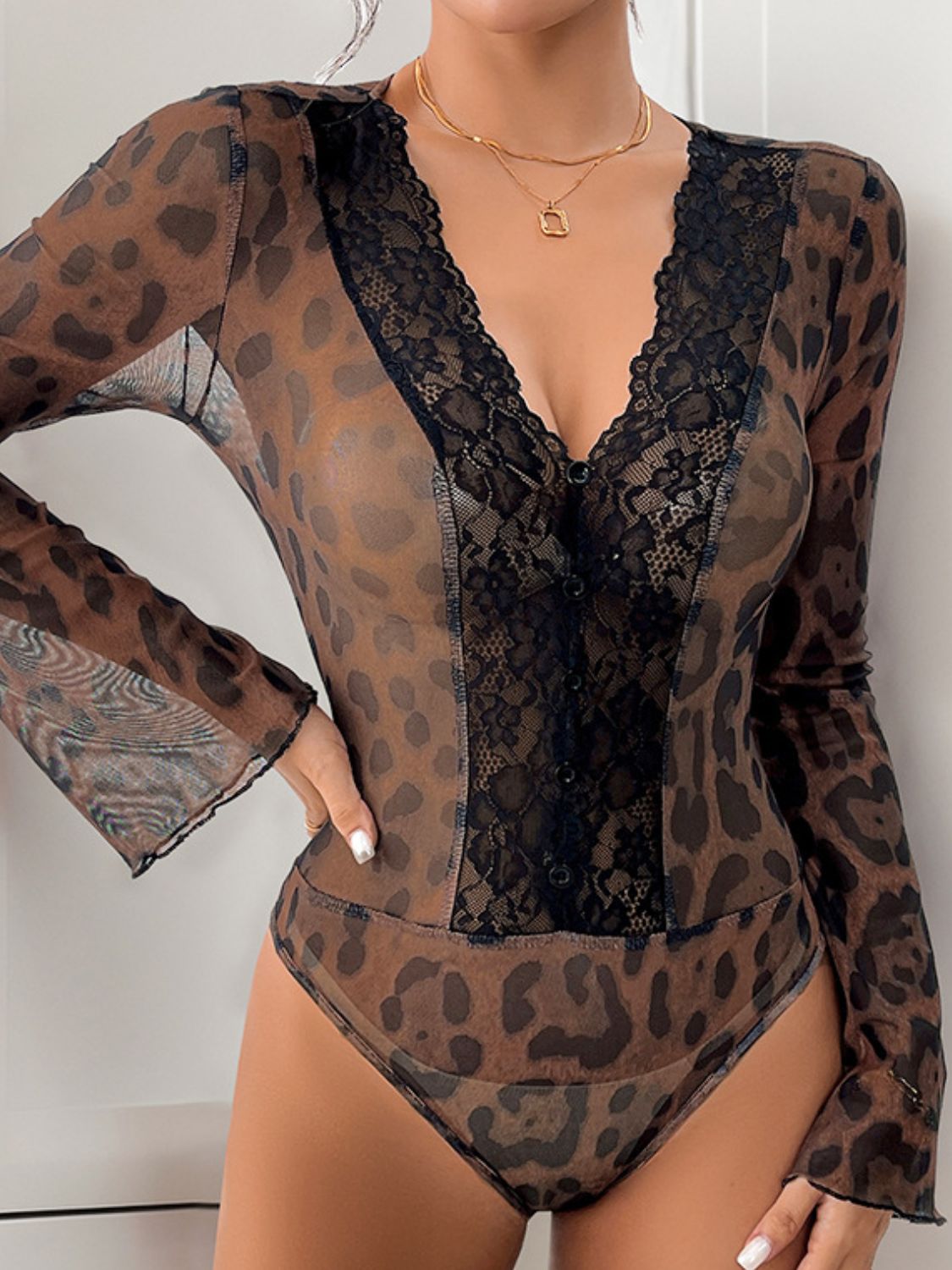 Leopard Print Lace Bodysuit with V-Neck
