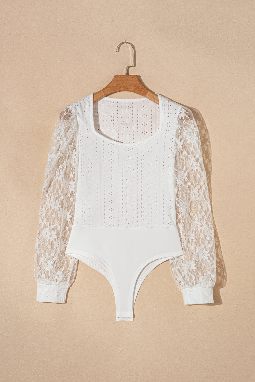 Eyelet Lace Long Sleeve Bodysuit - Semi-Sheer & Flirty