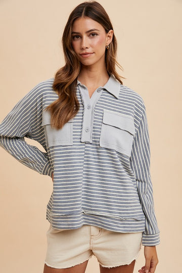 Striped Button Detail Long Sleeve Polo Top