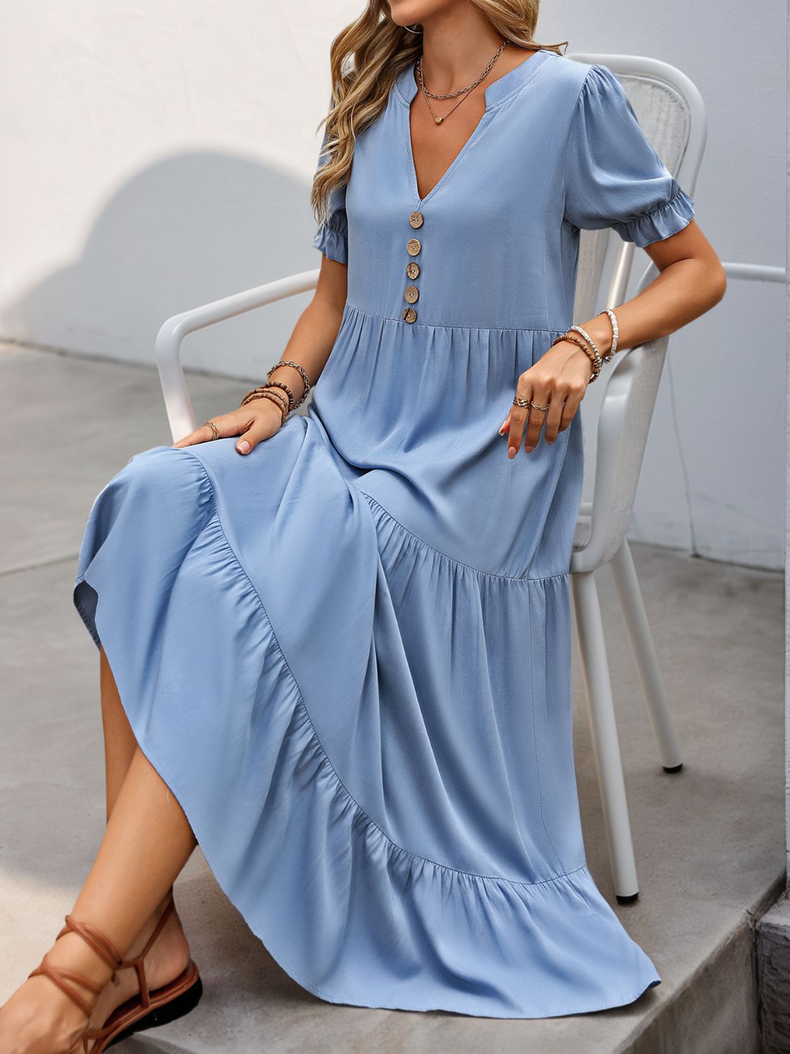 Decorative Button Notched Short Sleeve Midi Dress