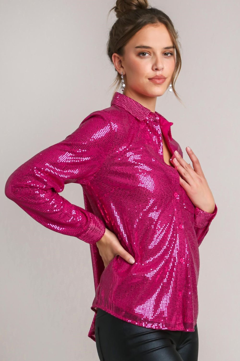 Sequin Long Sleeve Shirt with Side Chest Pocket