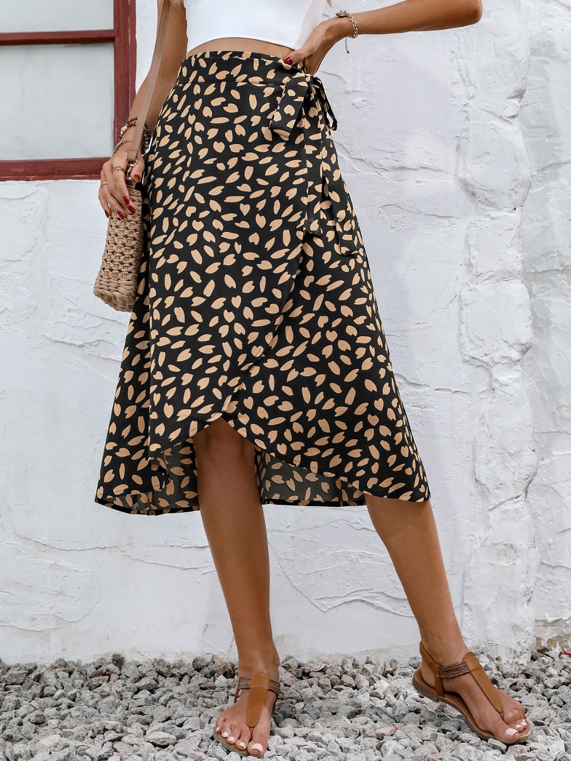 Printed Wrap Skirt with Side Slit and Tie Waist