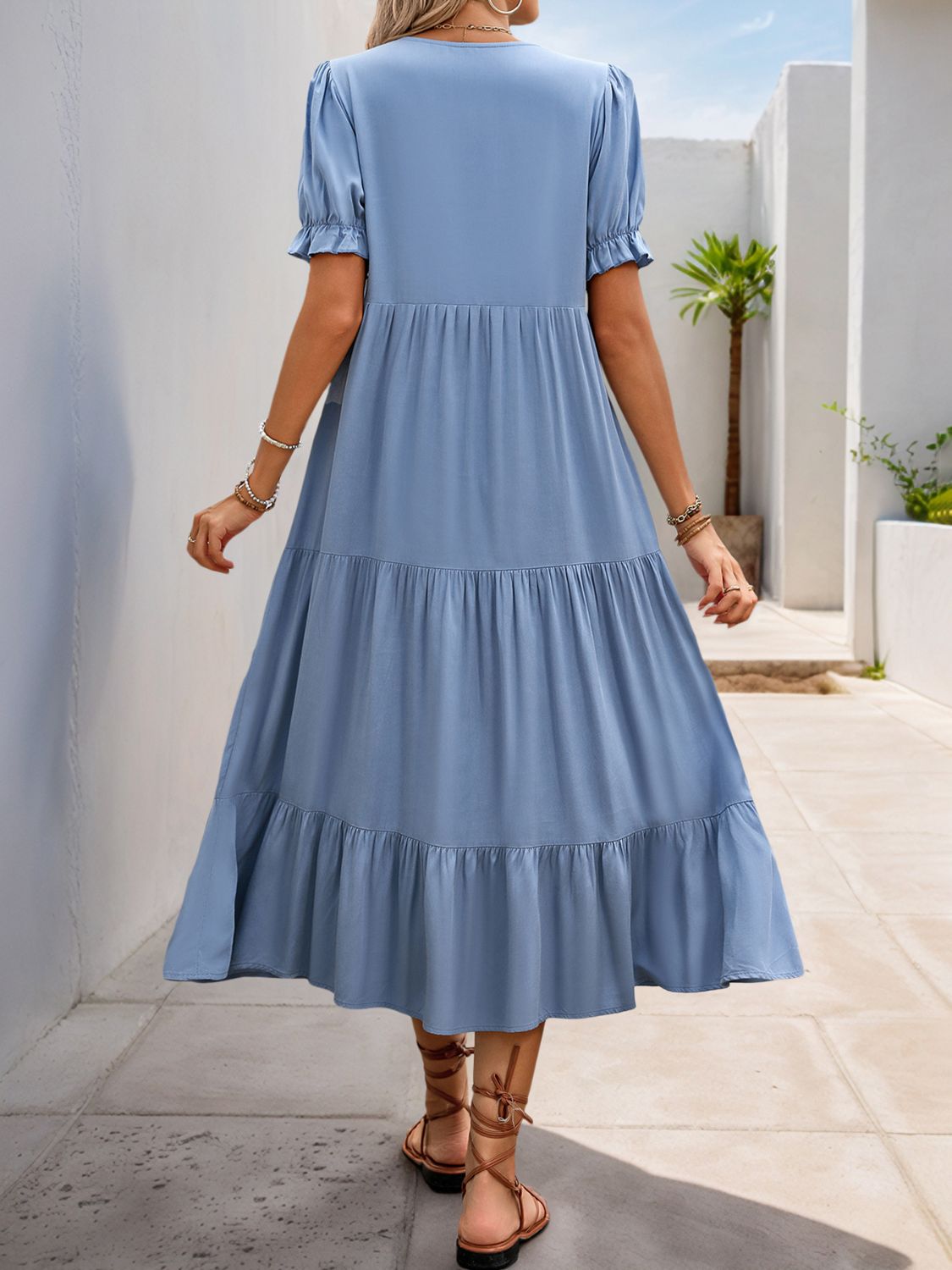 Decorative Button Notched Short Sleeve Midi Dress