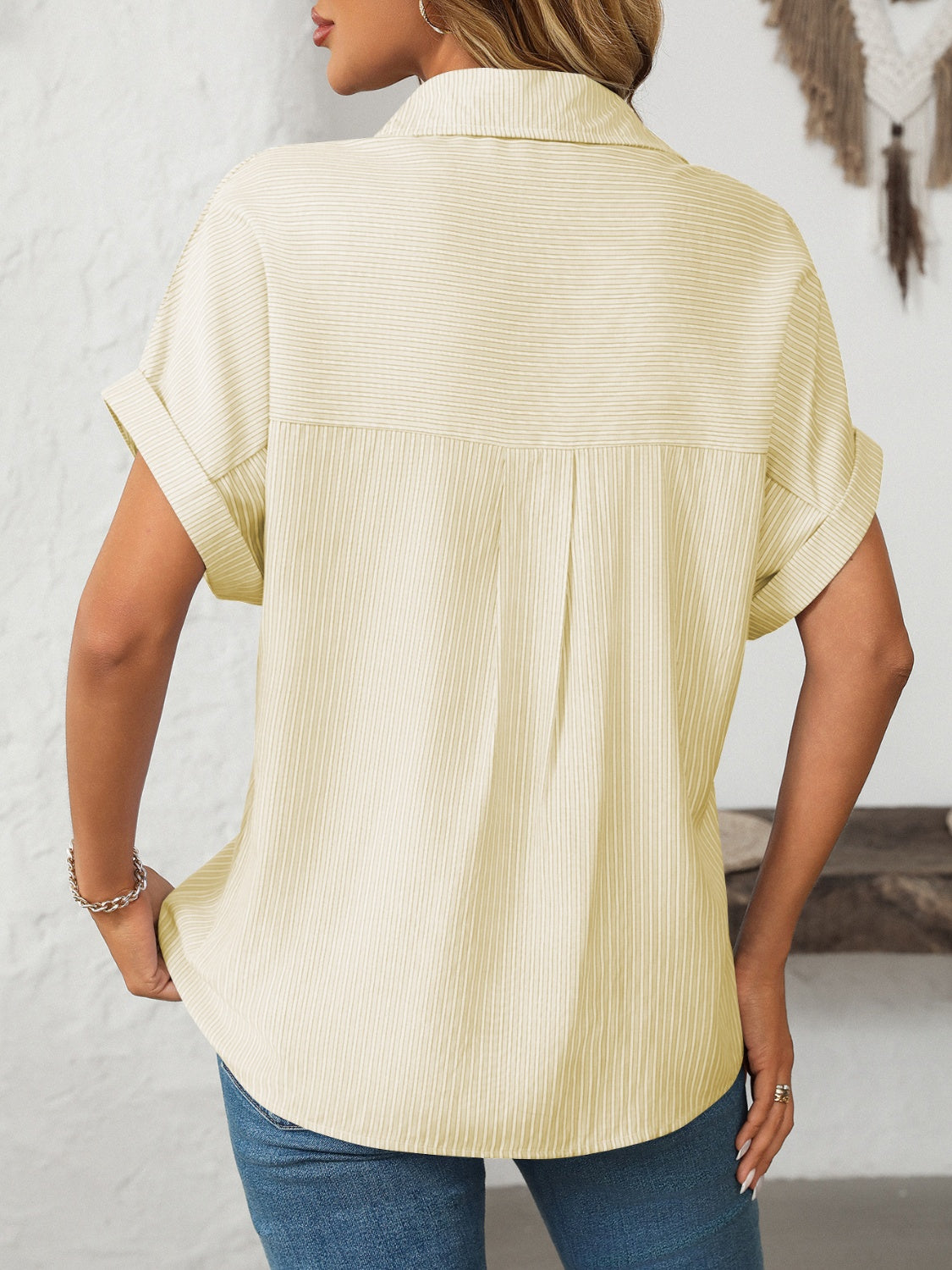 Pocketed Striped Collared Neck Short Sleeve Shirt