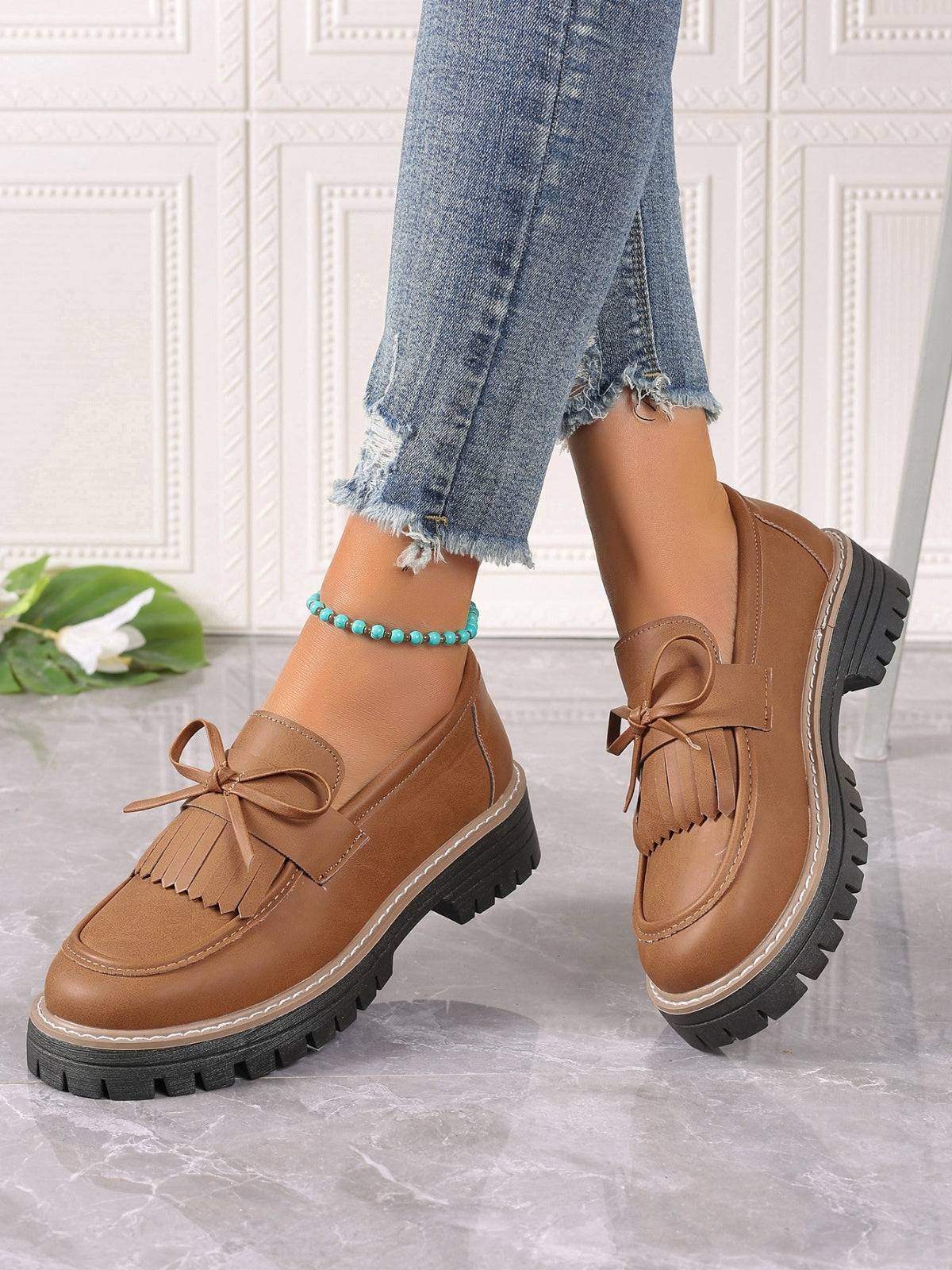 Leather Bow Platform Loafers