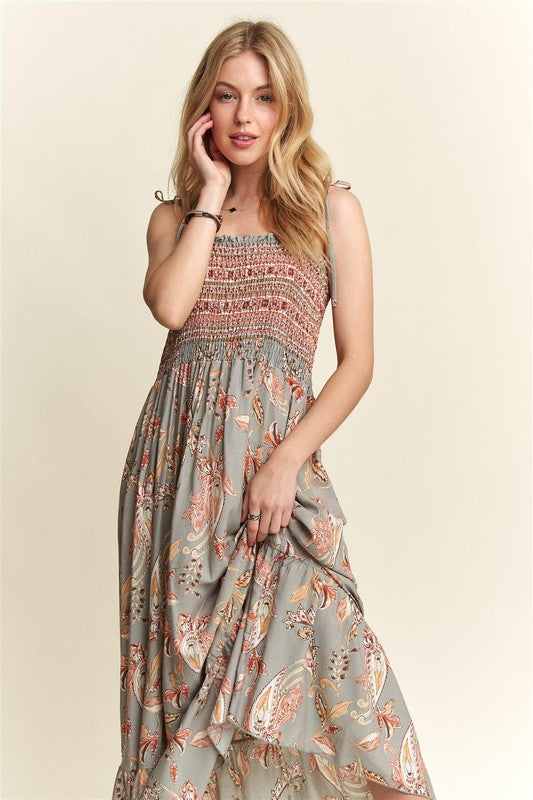 Smocked Printed Square Neck Tie Shoulder Cami Dress