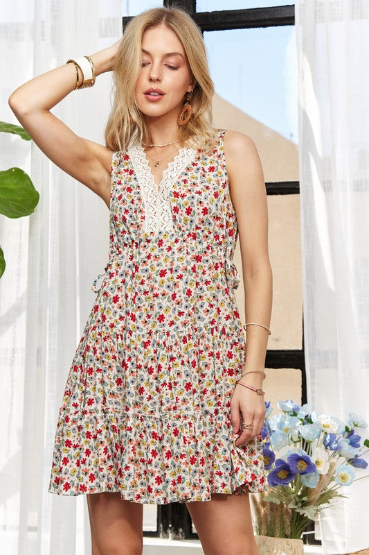 Lace Detail V-Neck Sleeveless Mini Dress