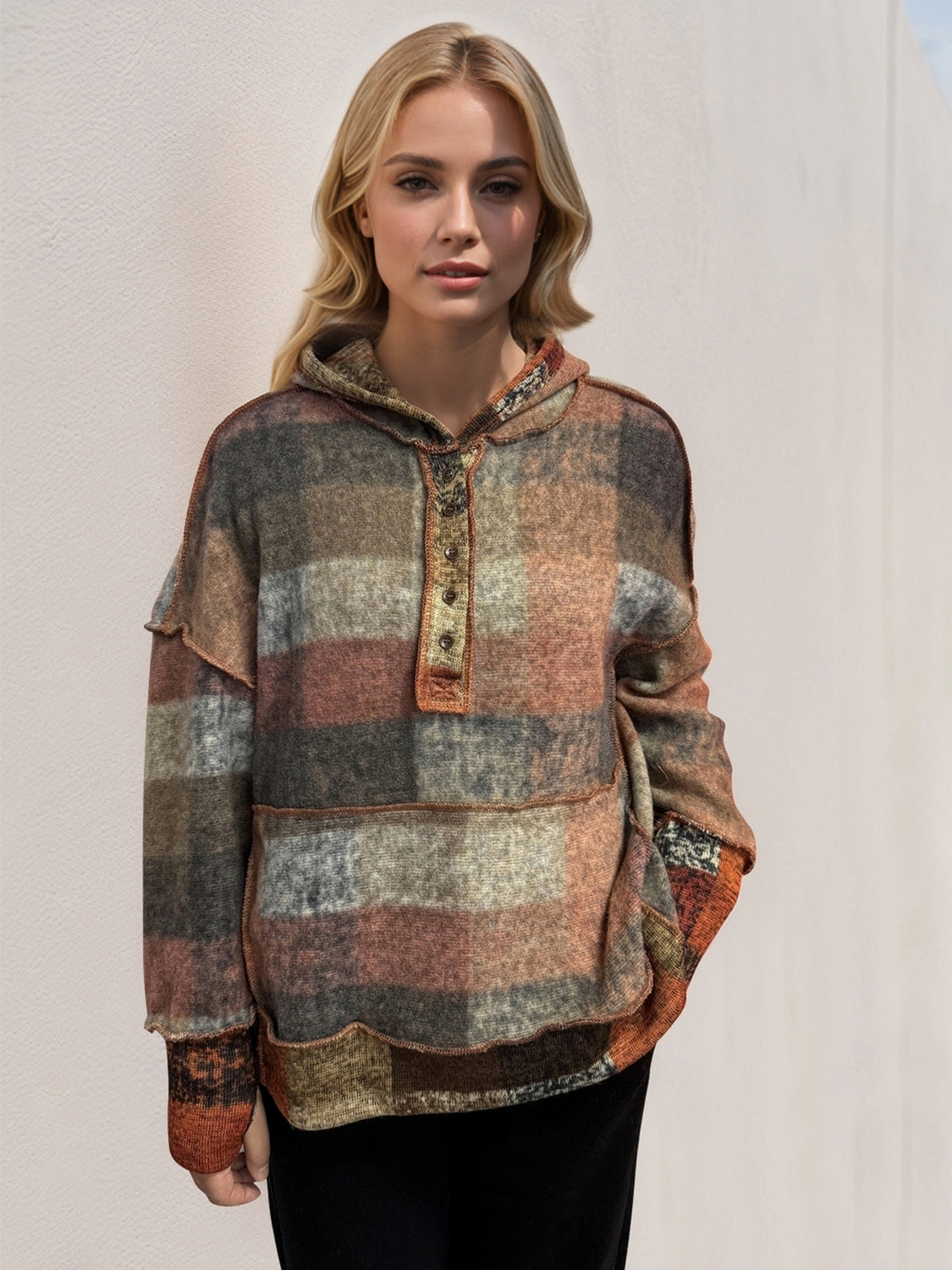 Plaid Dropped Shoulder Fleece Hoodie