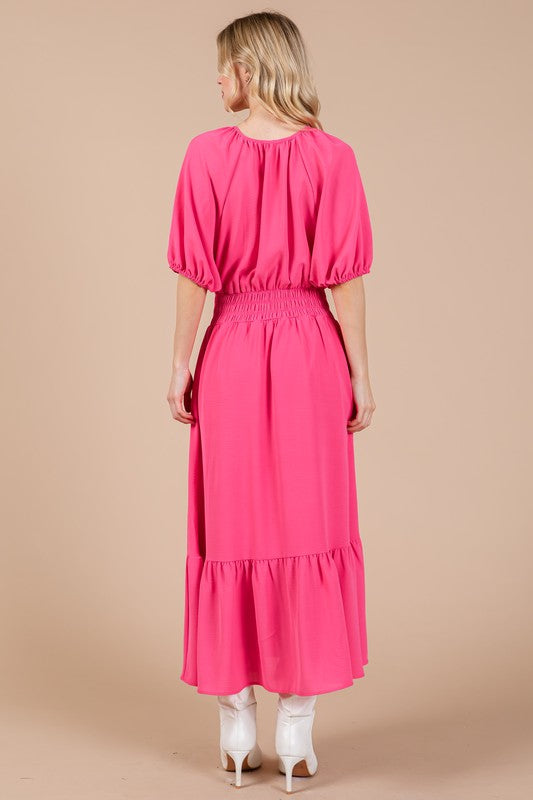 Smocked Elastic Waist Tie Neck Puff Sleeve Dress