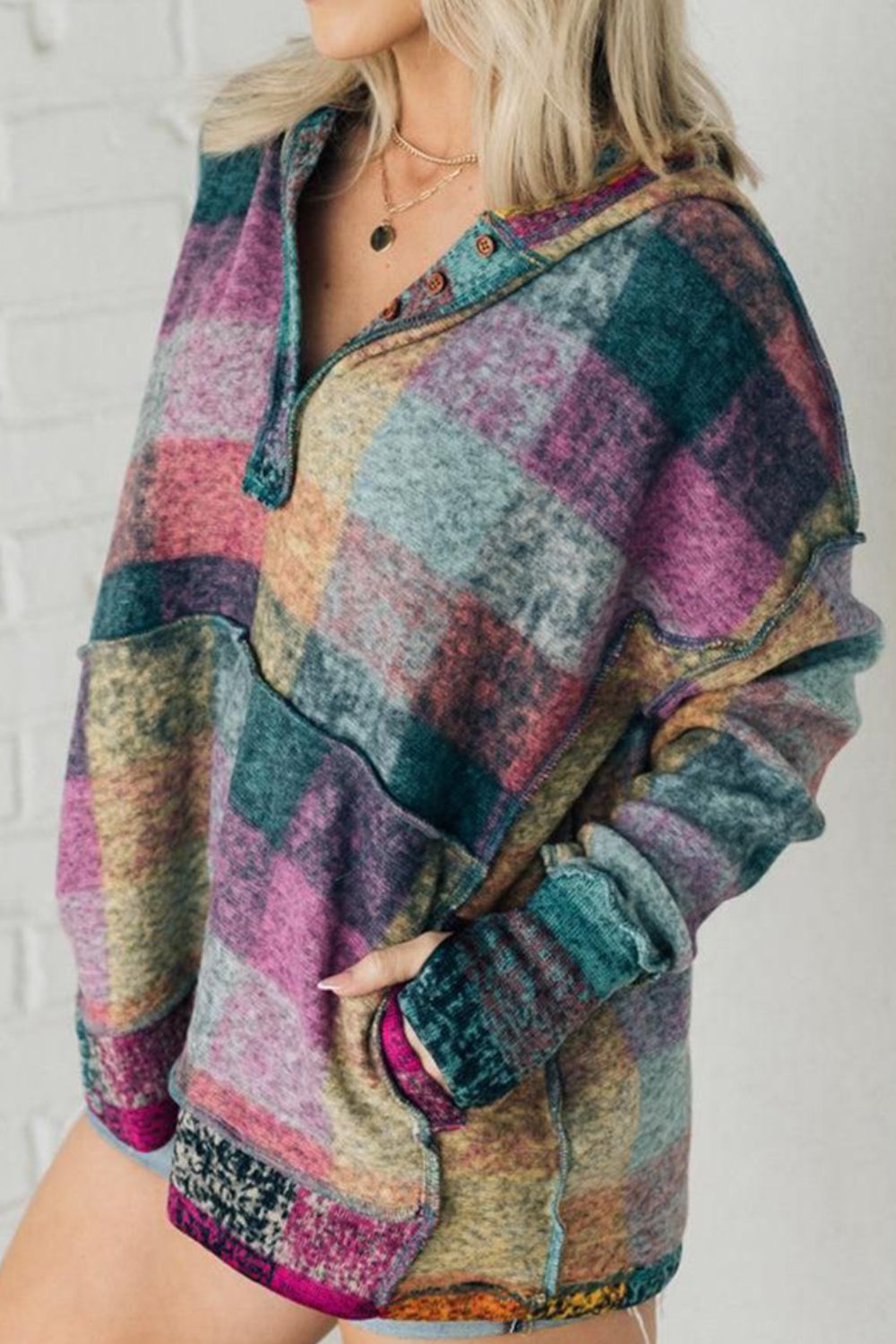 Brushed Plaid Buttoned Pullover Oversized Hoodie