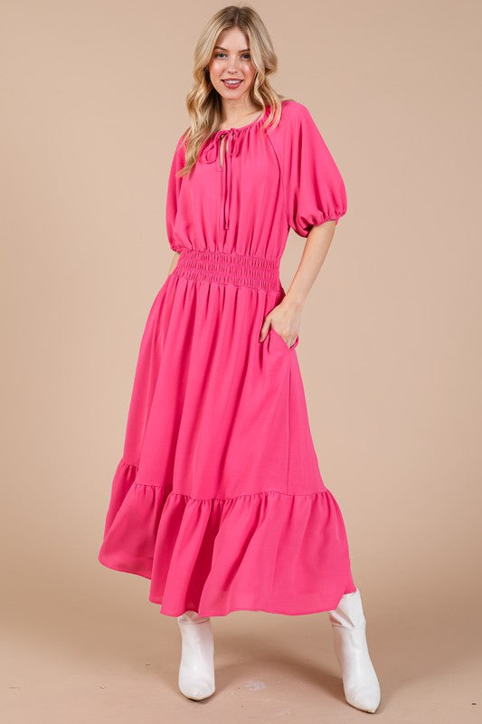 Smocked Elastic Waist Tie Neck Puff Sleeve Dress