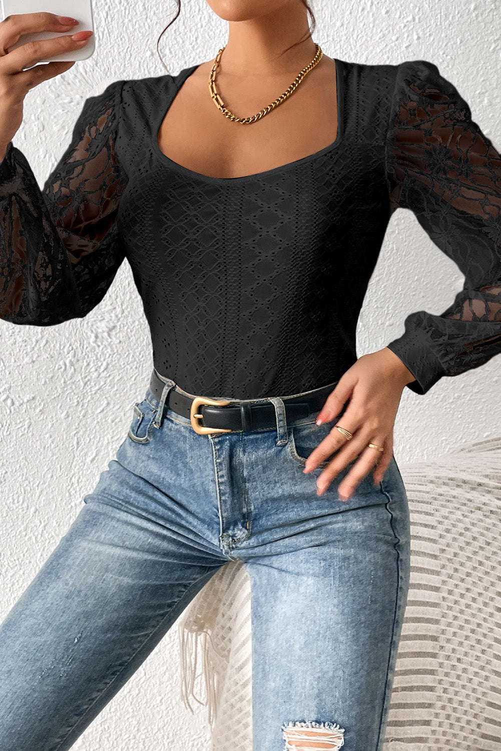 Eyelet Lace Long Sleeve Bodysuit - Semi-Sheer & Flirty