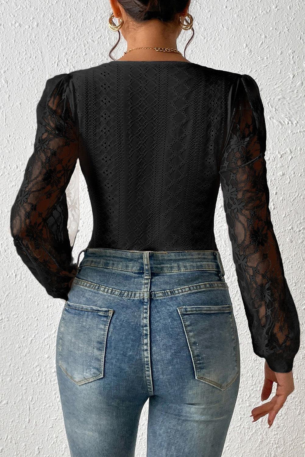 Eyelet Lace Long Sleeve Bodysuit - Semi-Sheer & Flirty