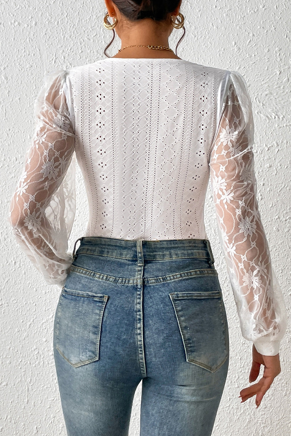 Eyelet Lace Long Sleeve Bodysuit - Semi-Sheer & Flirty