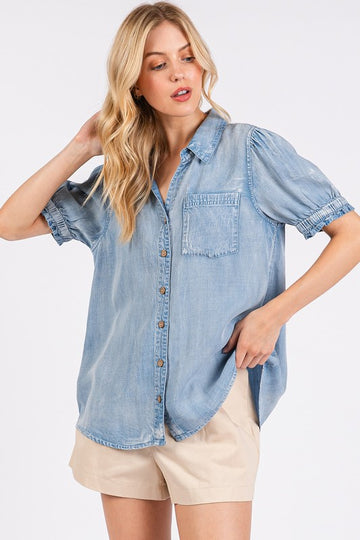 Collared Neck Puff Sleeve Shirt