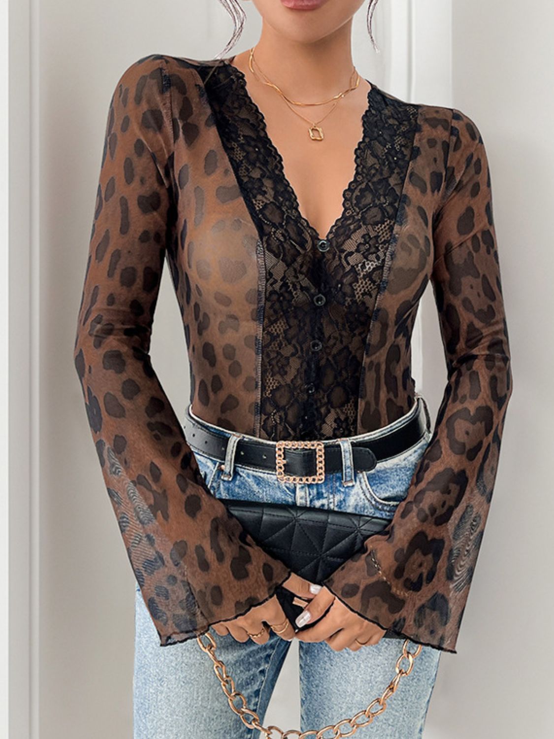 Leopard Print Lace Bodysuit with V-Neck