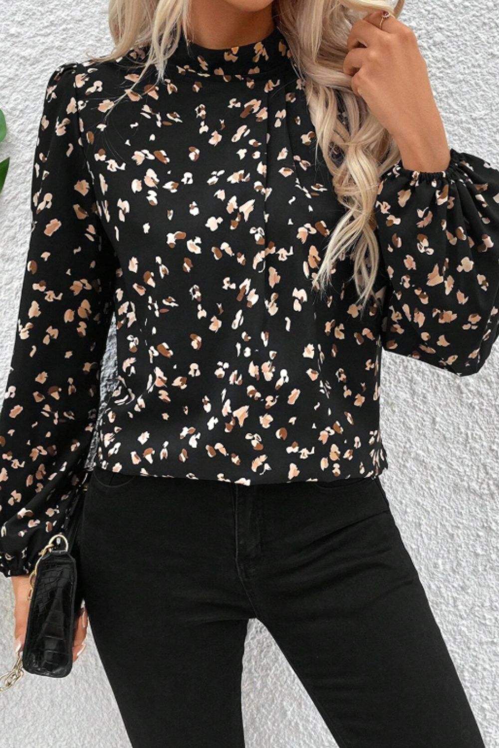 Printed Mock Neck Blouse with Balloon Sleeves